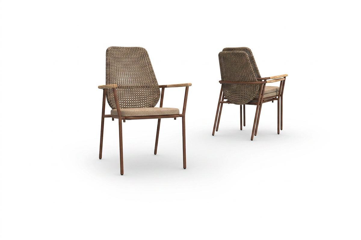 CLARA Stackable Dining Chair Highback, Frame Rust, Recycled Teak Light Brushed, Wicker Burnt, Cushion Tortilla