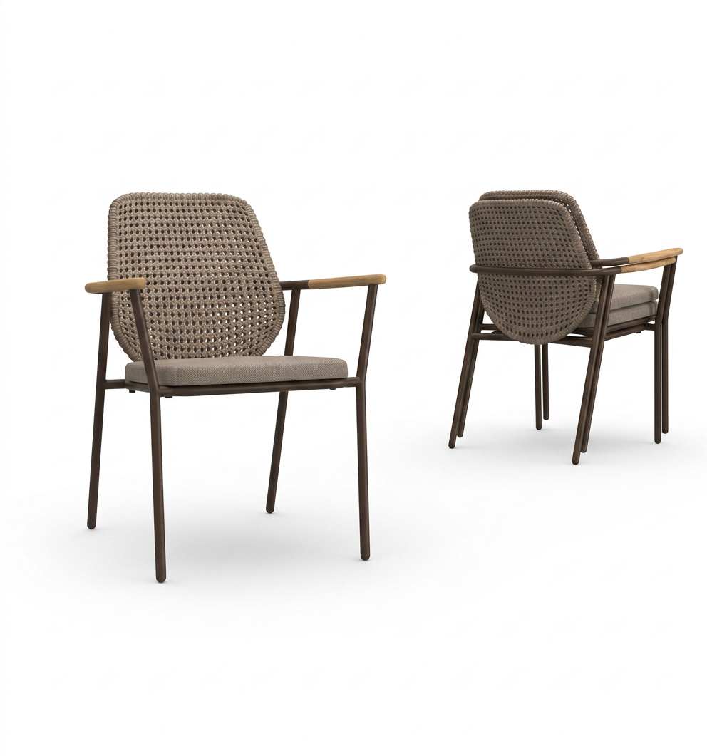 CLARA Stackable Dining Chair, Frame Terra, Recycled Teak Light Brushed, Wicker Burnt, Cushion Tortilla
