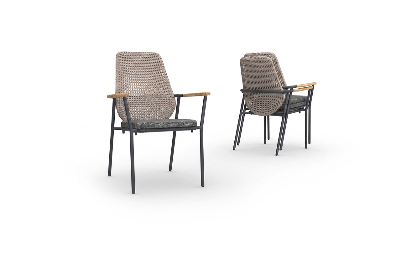CLARA Stackable Dining Chair Highback, Recycled Teak Light Brushed, Wicker Almond, Cushion Asphalt, Aluminum Iron Black