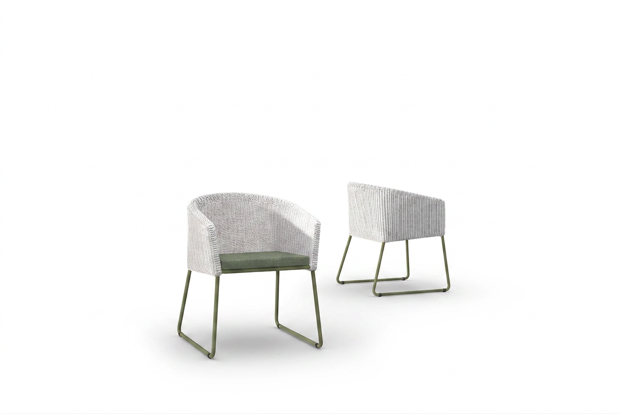 DiManaMana SHELL Armchair (Wicker Small Braid) - Aluminum Bamboo, Small Braid New White, Cushion Heritage Leaf