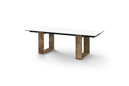 AIKO Dining Table 94.5x38.5x 30H Inch, Drift Look Teak - Original Finish, HPL Alpes White