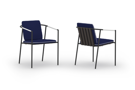 ALBATROSS Dining Chair - Frame Iron Black, Webbing Cocoa, Cushion Sunbrella Navy with White Piping