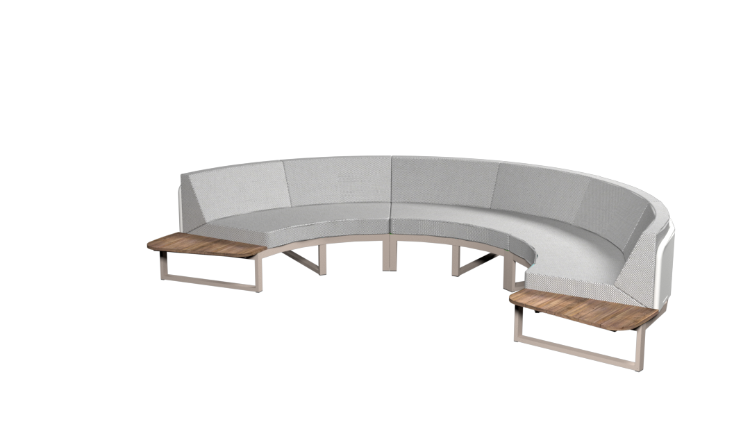 BABBO Configuration 2 (TEAK), Aluminum Taupe, Upholstery Stamskin White, Recycled Teak Brushed Teak Shield, Cushion Sunbrella Seagull Grey