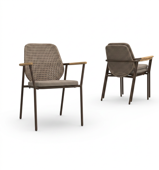 CLARA Stackable Dining Chair, Frame Terra, Recycled Teak Light Brushed, Wicker Burnt, Cushion Tortilla
