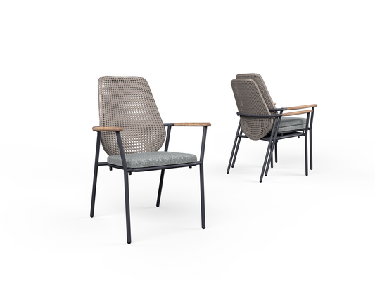 CLARA Stackable Dining Chair Highback, Aluminum Rust, Recycled Teak Light Brushed, Wicker Burnt, Cushion Tortilla