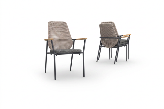 CLARA Stackable Dining Chair Highback, Recycled Teak Light Brushed, Wicker Almond, Cushion Asphalt, Aluminum Iron Black