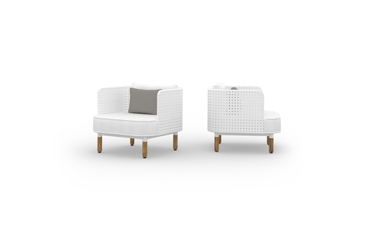 DAISY MAE 1 Seater, Aluminum White, Recycled Teak Brushed Teak Shield, Wicker Alabaster, Sunbrella Canvas White, Olefin Moonrock