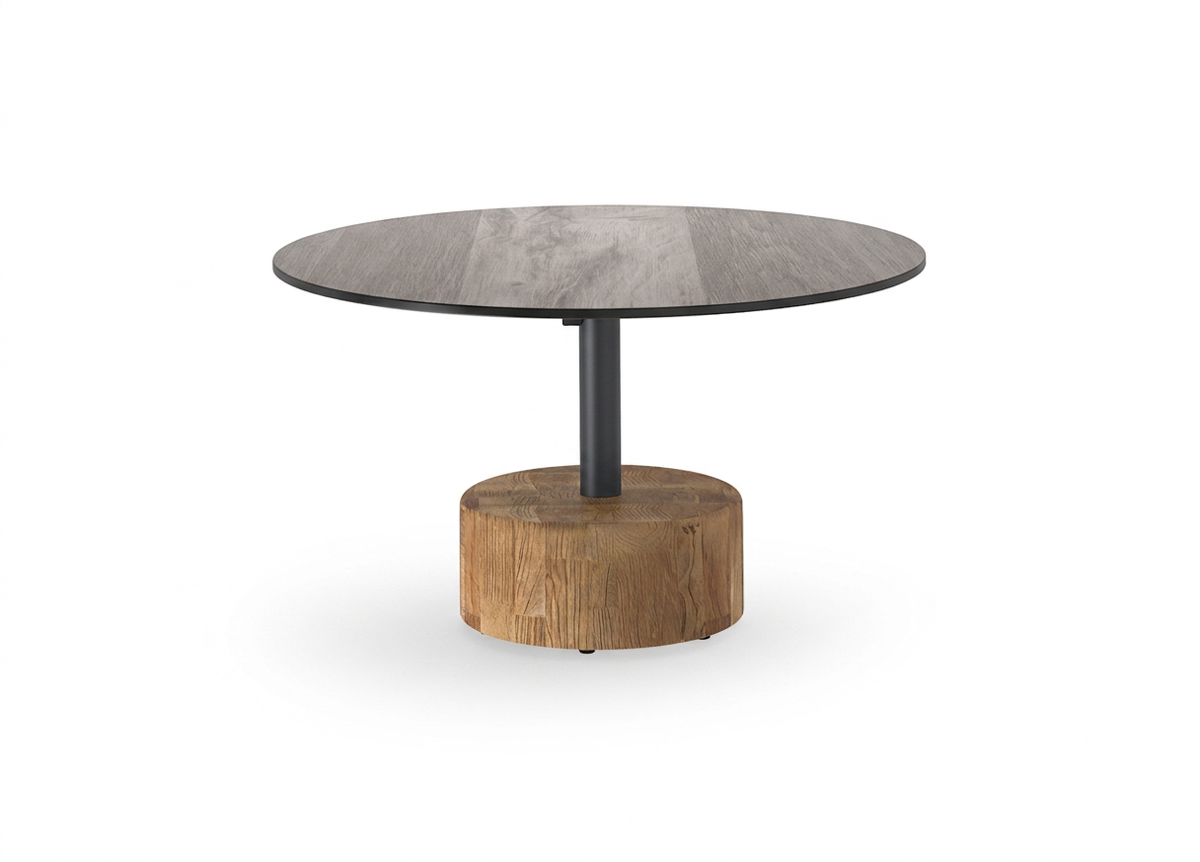 GLYPH Low Table Dia 31.5" (HPL), Laminated - Smooth Sanded Teak Shield, Aluminum Anthracite, HPL Smoked Oak