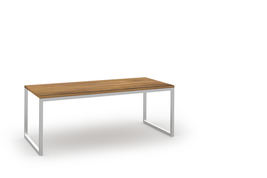 OKO Table 78.5x35.5x30H Inch, Stainless Steel 304, Recycled Teak Brushed Teak Shield