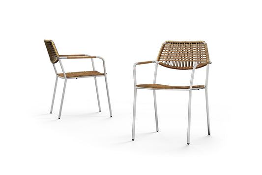 MEIKA Stacking Chair, Stainless Steel 304, Recycled Teak Brushed Teak Shield, Wicker Round Honey