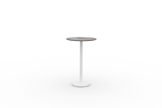 STIZZY Pedestal Bar Table, Galvanized Steel Urban White, HPL Scratched Grey, Laminated Teak Teak Shield