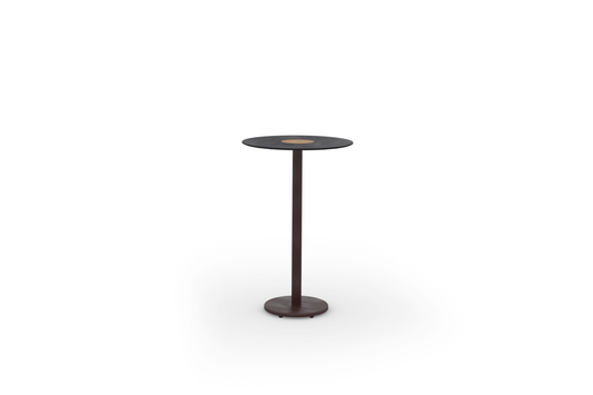 STIZZY Pedestal Bar Table (Full HPL), Galvanized Steel Neo Bronze, HPL Carrara Black, Random Laminated Teak Teak Shield