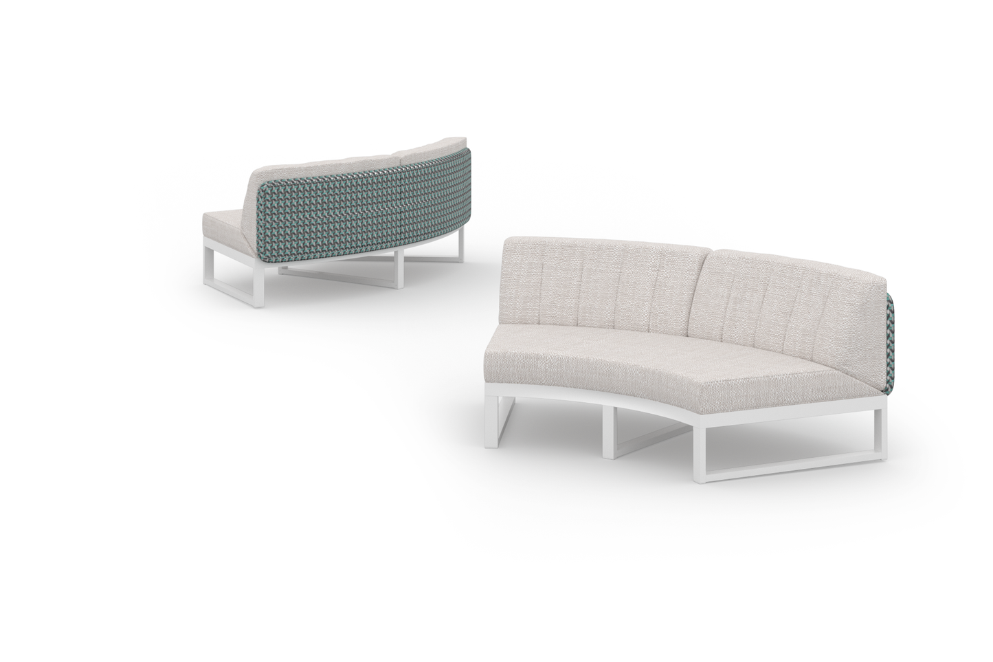 MUNIA MO Curved Modular System Alumunium white premium, Wicker Urban Blue, Cushion Grade B Horizon Latte