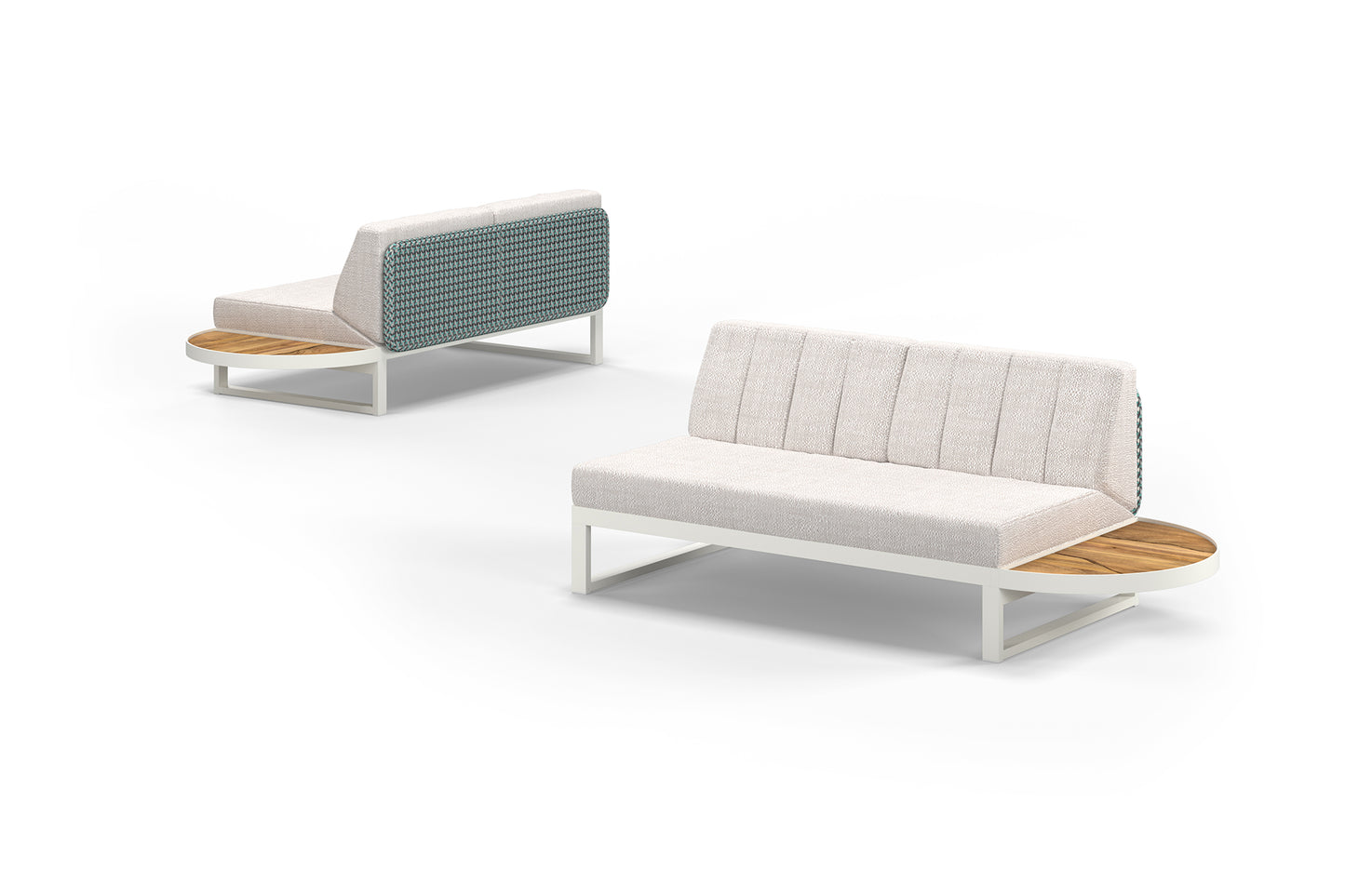 MUNIA MO Curved Modular System Alumunium white premium, Wicker Urban Blue, Cushion Grade B Horizon Latte