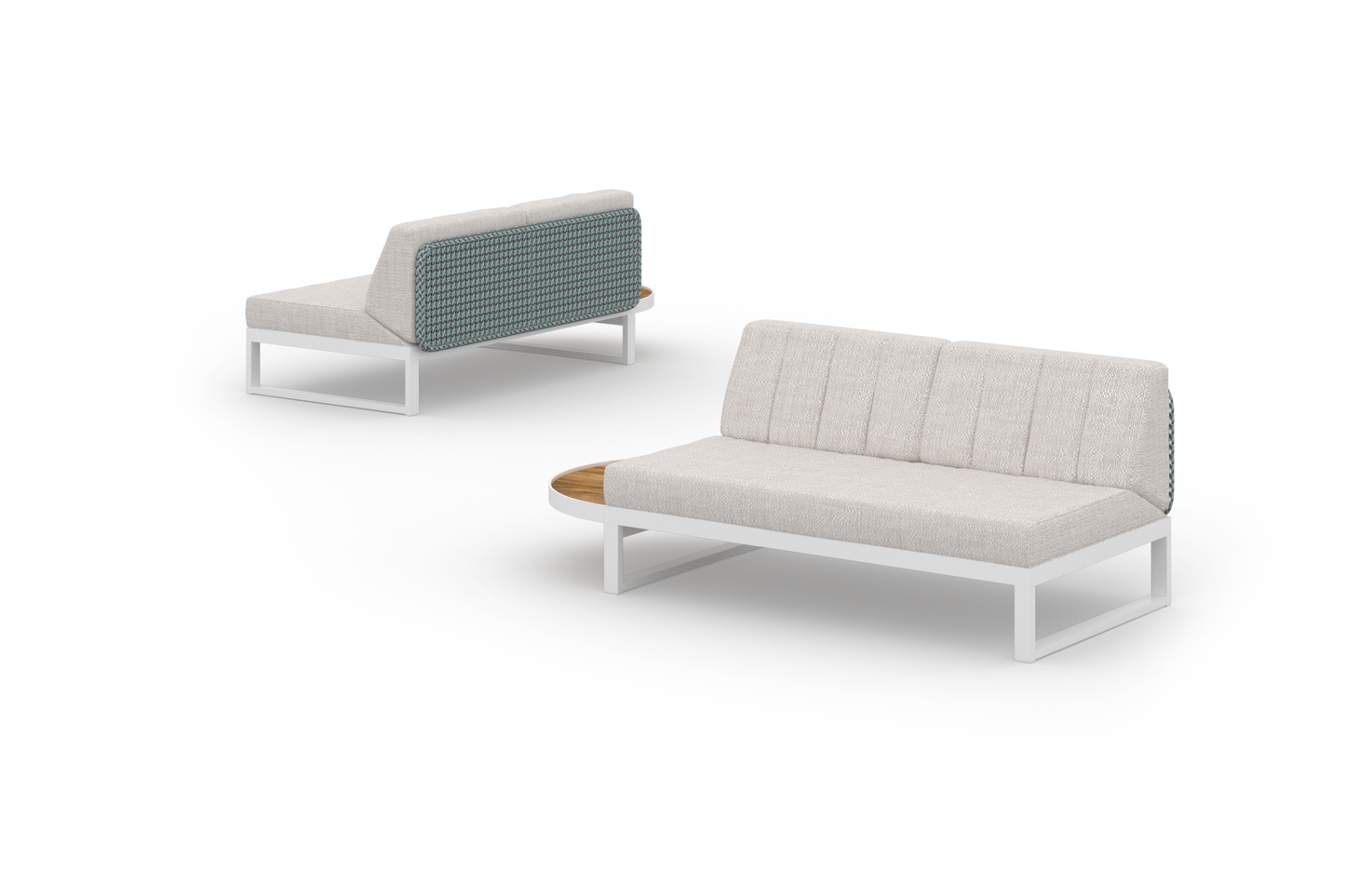 MUNIA MO Curved Modular System Alumunium white premium, Wicker Urban Blue, Cushion Grade B Horizon Latte