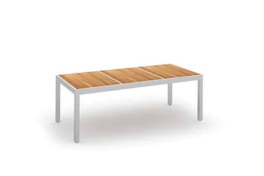 ZIX Dining Table 86.5x39.5x30H Inch (Abstract Slats), Stainless Steel 304, Plantation Teak Smooth Sanded Teak Shield