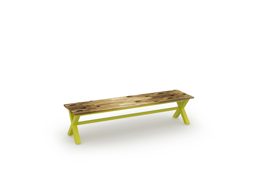 INDUSTRIAL X-Style Bench 78.5x19.5, Aluminum Industrial Yellow, Recycled Teak Laminated - Rustic