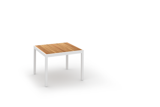 ALLUX Dining Table 39.5x39.5x30H Inch (Abstract Slats), Aluminum White, Plantation Teak Smooth Sanded Teak Shield